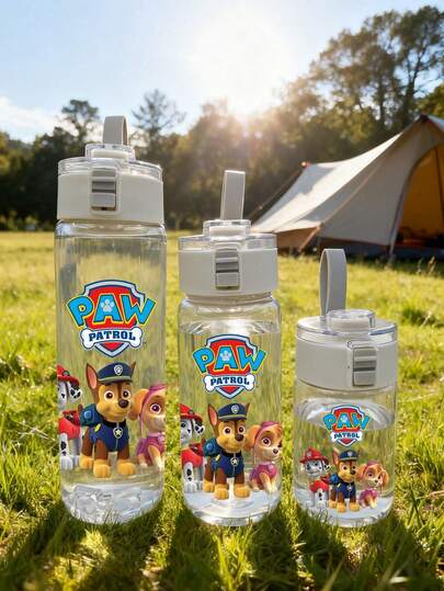  1 pieza Botella de agua a prueba de fugas con tapa abatible de Paw Patrol, de plástico ligero y resistente con diseño de dibujos animados lindos, adecuada para fitness, correr y baloncesto, portátil y elegante, regalo para cumpleaños, Día de la Madre, graduación y Navidad (algunas partes pueden ser aleatorias)
