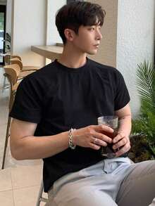 Men's Plain Cotton Raglan Sleeve T-Shirt - 黑色 - 查看 1