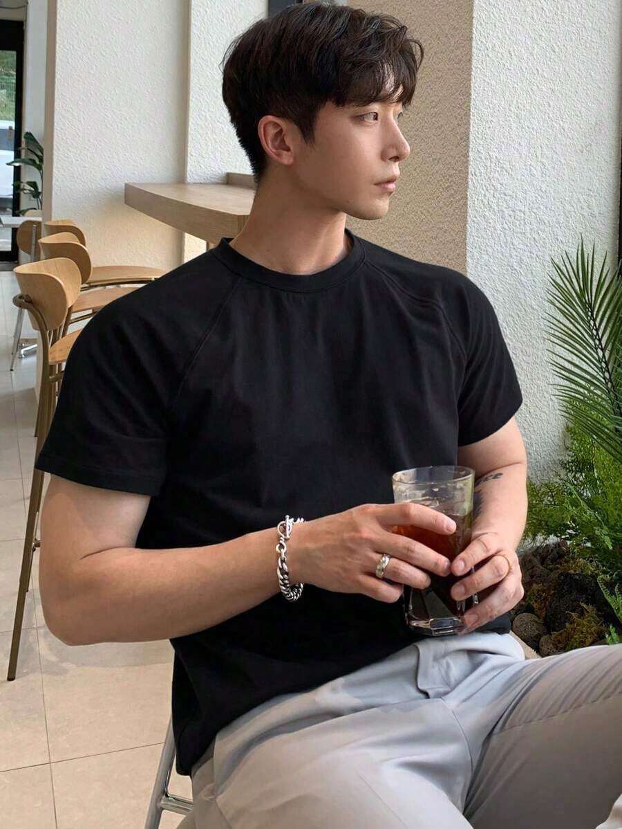 Men's Plain Cotton Raglan Sleeve T-Shirt - 黑色 - 查看 1