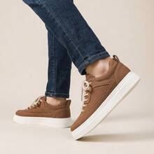 Tenis de hombre zapatos para hombre casuales de lona con cordones gruesos y diseño de costura, zapatillas urbanas de moda con suela de goma gruesa antideslizante, calzado cómodo y transpirable con plataforma ligera, tenis de estilo retro versátiles para diario, zapatos resistentes al desgaste y suaves. - Marrón - Ver 2