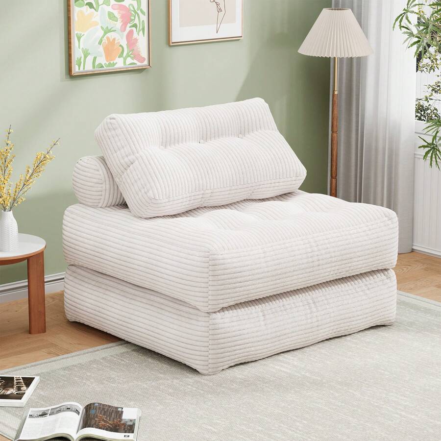 Folding Lazy Sofa Bed, Convertible Sleeper Chair With Pillow Foldable Mattress With Pink Support, Portable Fold Out Chair Bed Comfy Floor Sofa Lounge For Living Room Bedroom, Pink, Single - 米色 - 查看 1