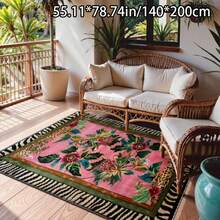 Floral Carpet |   Bright Pink, Green, And Blue Floral Designs, Paired With A Black Leopard Print Border, Suitable For Indoor And Outdoor Use - 1PC - View 1