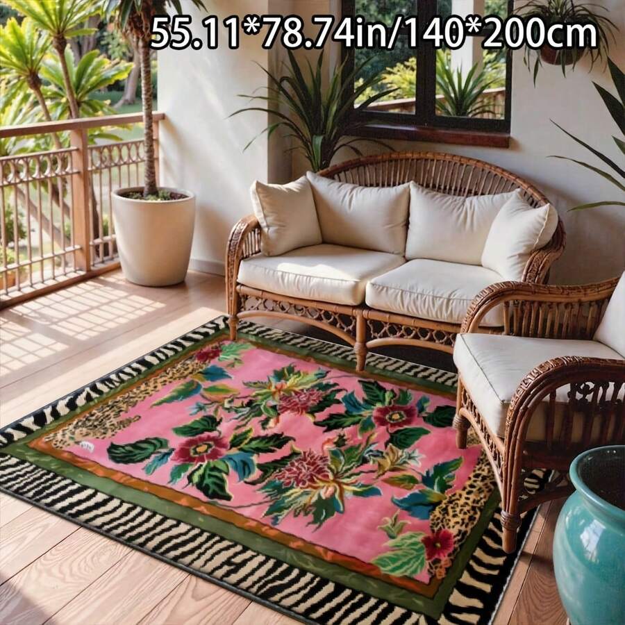 Floral Carpet |   Bright Pink, Green, And Blue Floral Designs, Paired With A Black Leopard Print Border, Suitable For Indoor And Outdoor Use - 1PC - View 1