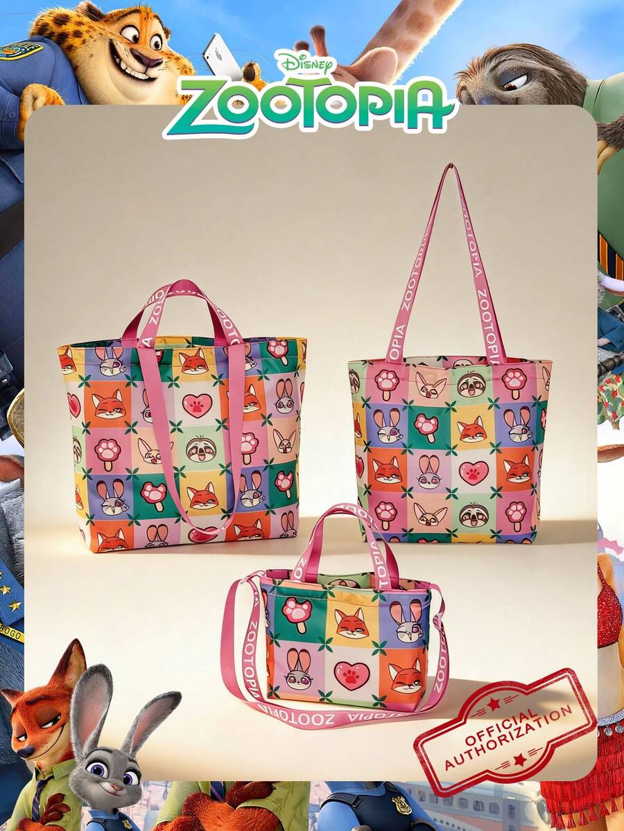 1pc Disney Officially Licensed "Zootopia" Pattern Tote Bag, Large Capacity Foldable Drawstring Shoulder Bag, Lightweight Handbag, Official Authorized, Multiple Styles Available, Perfect For Women/Girls/Ladies Daily Shopping & Outings - Multicolor - View 1