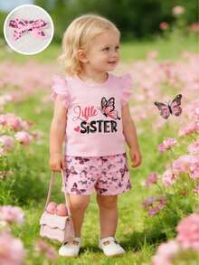 Bộ 3 món: Áo tay ngắn in chữ và bướm, quần short in hình bướm kỹ thuật số và khăn trùm đầu, trang phục thường ngày ngọt ngào và dễ thương. - Hồng - Xem 3