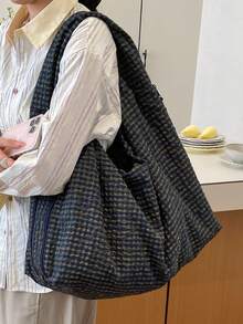 复古小格纹褶皱大容量手提包，宽松休闲百搭女士单肩包，艺术森系格纹手提包，休闲百搭购物布袋，学院风学生书包，短途旅行包，多口袋分区布袋 - 藏蓝色 - 查看 6