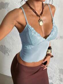 Einfarbiges Spaghettiträger-Rüschen-Spitzen-Camisole, sexy und modisch für Frauen im Sommer - Blau - Übersicht 4