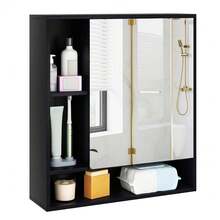 Wall Mounted Bathroom Cabinet With Mirror Single Door 3-Position Adjustable Shelf Hidden And Open Storage For The Bathroom, Living Room Or Entryway - Black - View 4