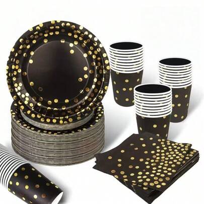This Black And Gold Party 51-Piece Disposable Tableware Set Includes 10 Dinner Plates, 10 Dessert Plates, 10 Paper Cups, 20 Napkins, And One Tablecloth. This Convenient Tableware Set Is Perfect For Camping, Picnics, Garden Barbecues, Weddings, And Birthday Parties.