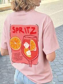 1 buc Tricou de vară pentru femei, cu guler rotund, mânecă scurtă, model cu imprimeu cocktail și lămâie, roz casual - Roz - Vizualizare 7