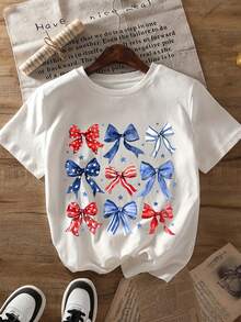 Teenage Girls' Cartoon American Flag Bow Print Round Neck T-Shirt, Casual Soft Top For Independence Day, Spring/Summer, Aesthetic - White - View 4