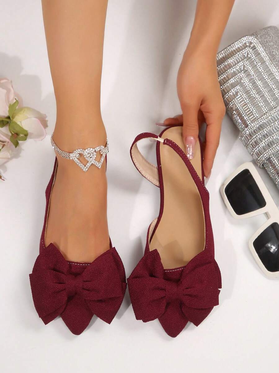 酒红色平底尖头女鞋，侧面镂空，蝴蝶结装饰，优雅平底乐福鞋，镂空时尚休闲鞋，四季皆宜 - 酒紅色 - 查看 1