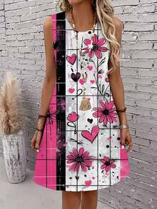 Floral And Heart Print Sleeveless Dress Women Round Neck Casual Comfortable Summer Outfit Streetwear Fashion Dress - Nhiều màu - Xem 3