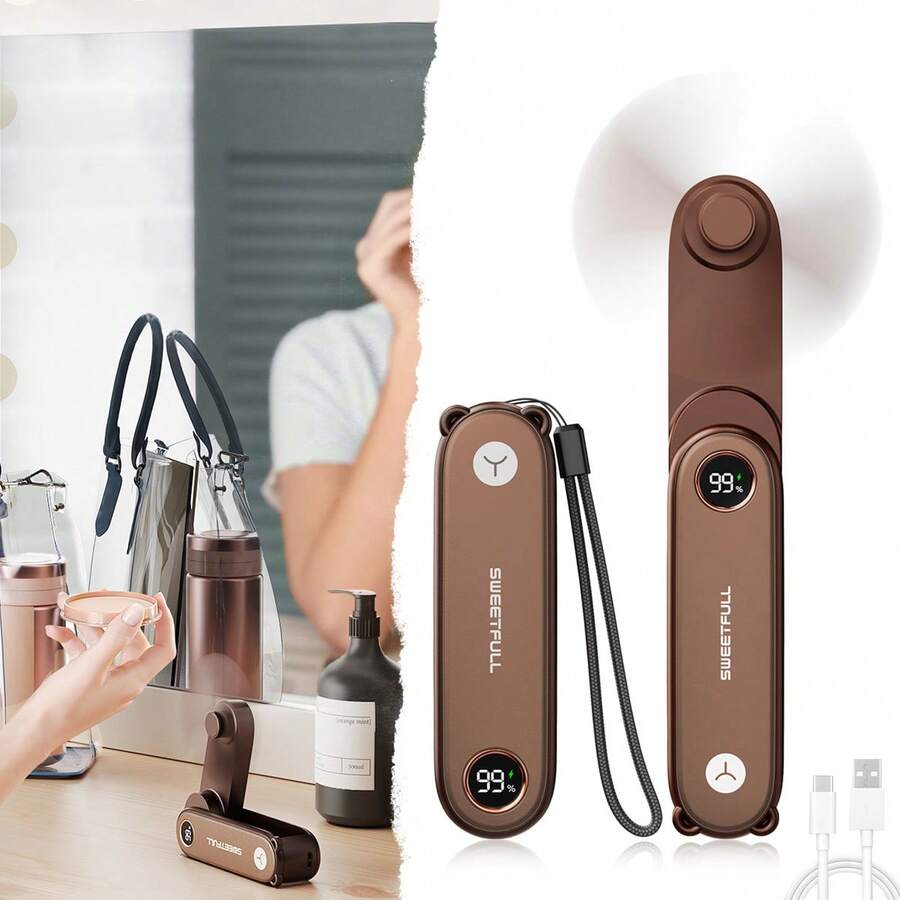 Kipas Genggam Portabel Sweetfull, Layar Digital / 3 Kecepatan yang Dapat Diatur / 1500mAh / Dapat Diisi Ulang USB / Dengan Tali dan Lampu / Mudah Disimpan / Kipas Mini Lipat, Cocok untuk Olahraga Luar Ruangan, Berkemah, Kantor, Kamar Tidur, dan Ruang Belajar