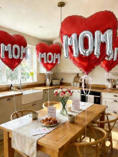 6件套母亲节装饰套装，32英寸巨型粉色/红色/金色/银色心形气球，16英寸“MOM”字母气球，适合母亲节、妻子生日或惊喜装饰