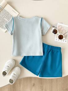 2 Peças Conjunto de Bebê Menino com Top de Manga Curta Gola Redonda com Estampa de Tigre Cartoon e Listras Decorativas Azul Marinho, Combinando com Shorts de Cintura Elástica Azul - Cinza Claro - Visão 2