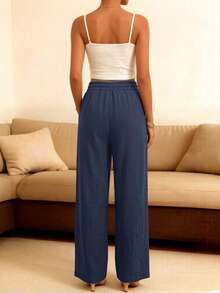 浅蓝色亚麻抽绳腰阔腿裤，女士休闲高腰宽松长裤，春季款 - 藍色 - 查看 4