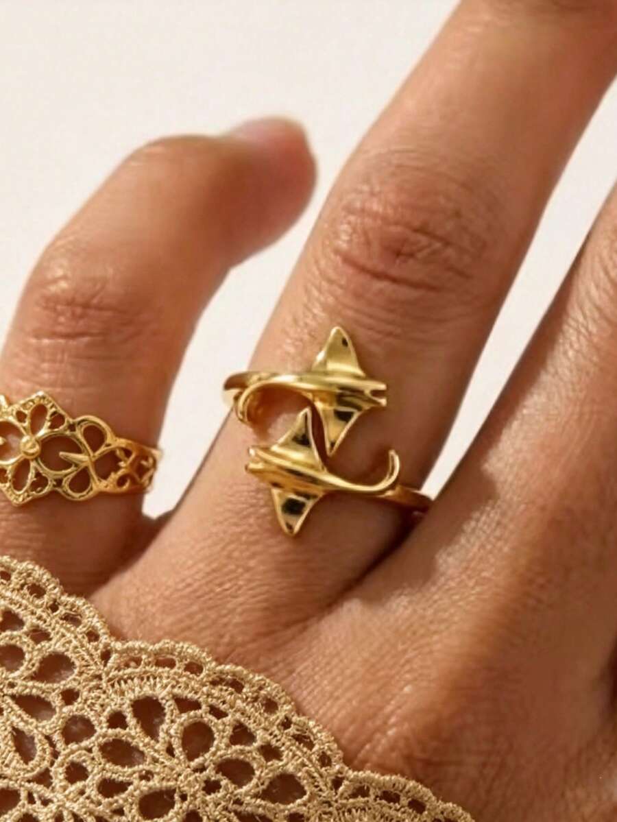 1 pieza Anillo de hueso de pez diablo estilo retro punk para verano, anillo abierto de lagarto de estilo gótico con esmalte verde, joyería de vacaciones para hombres y mujeres - Dorado - Ver 1
