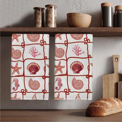 2pcs Ocean Life Red Plaid Print Kitchen Towels, 40*60cm Absorbent Microfiber Dish Cloths, Modern Ocean Theme Decor, Housewarming Gift, Suitable For Kitchen And Bathroom