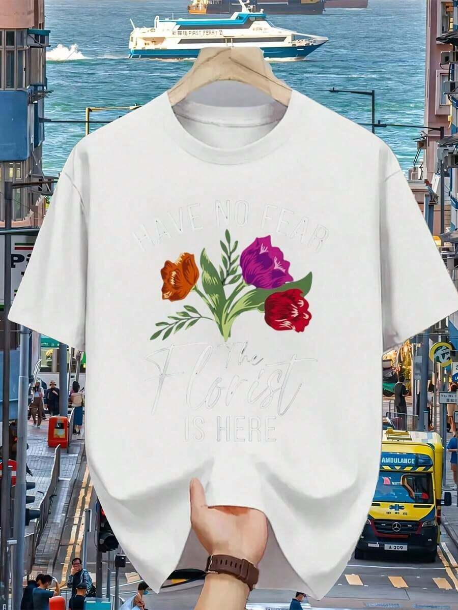 Summer Tops For Women "No Fear, The Florist Is Here" - Floral Botanist T-Shirt, Black T-Shirt With Floral Graphic And Motivational Quote, Cotton Crew Neck Shirt For Florists, Suitable For Events, Everyday Casual Wear, Casual T-Shirt For Men And Women Made Of Cotton. - 白色 - 查看 1