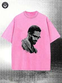 2026 Summer TopsWashed, Malcolm X Black And White Portrait Pattern Printed T-Shirt, Spring And Summer Casual Men's T-Shirt, Round Neck Cotton Shor - 玫紅色 - 查看 1