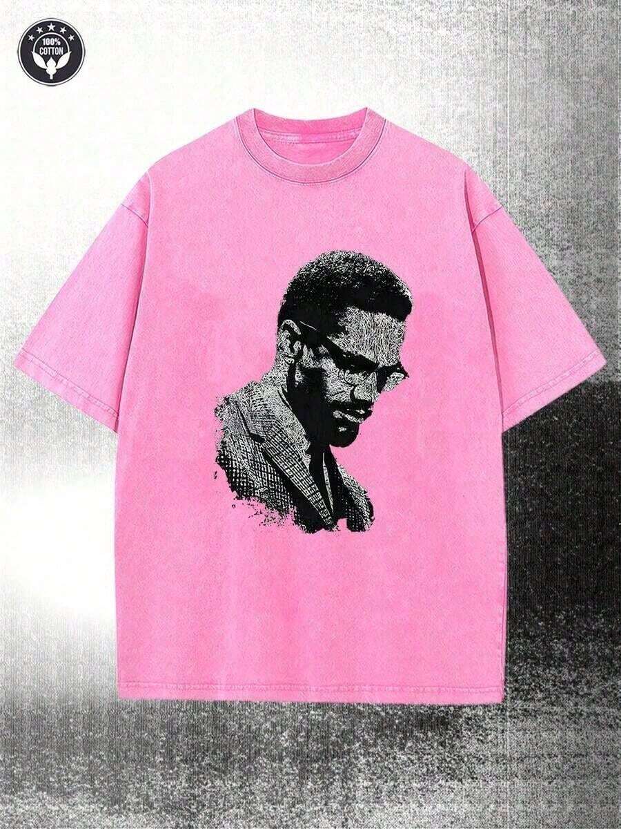 2026 Summer TopsWashed, Malcolm X Black And White Portrait Pattern Printed T-Shirt, Spring And Summer Casual Men's T-Shirt, Round Neck Cotton Shor - 玫紅色 - 查看 1