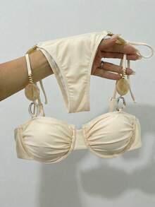 Bikinx Bộ bikini nữ gợi cảm màu trơn, hở lưng, buộc dây phía trước, xếp ly, có gọng, thích hợp cho bãi biển và kỳ nghỉ hè. - Màu be - Xem 1