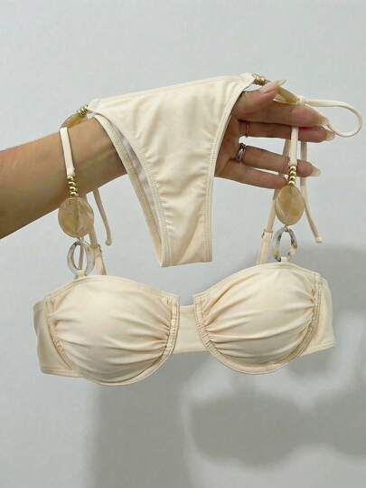 Bikinx Women's Sexy Solid Color Backless Tie-Front Ruched Underwire Bikini Set, Suitable For Beach & Holiday Vacation Summer