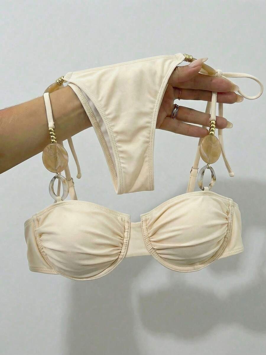 Bikinx Bộ bikini nữ gợi cảm màu trơn, hở lưng, buộc dây phía trước, xếp ly, có gọng, thích hợp cho bãi biển và kỳ nghỉ hè. - Màu be - Xem 1