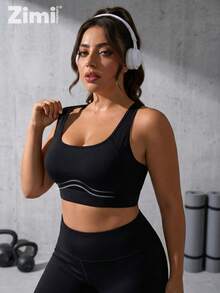 Zimi Collection Plus Size High Support Sports Bra, Black With Molded Cups, Adjustable U-Back, Suitable For Outdoor, Running, Training - Black - View 8