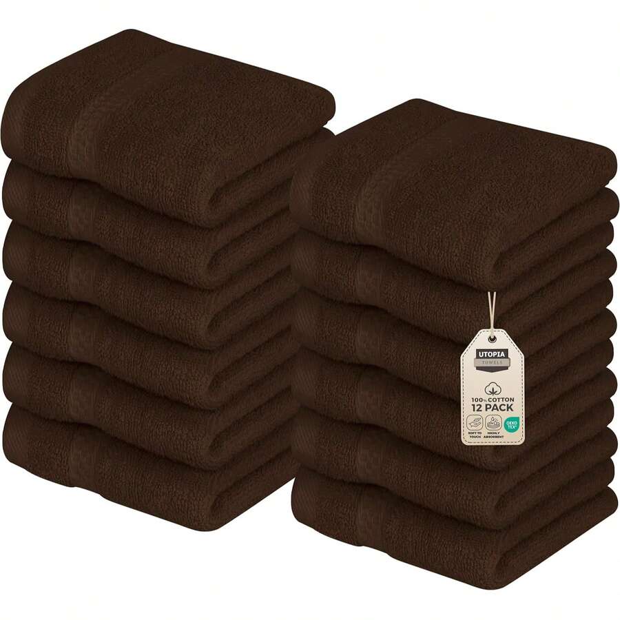 Utopia Towels 12 Pack Premium Wash Cloths Set, 12 By 12 Inches, 100% Cotton Ring Spun, Highly Absorbent And Soft Feel Essential Washcloths For Bathroom, Spa, Gym, And Face, Dark Brown - 深棕色 - 查看 1