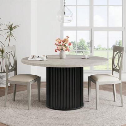 47" Round Dining Table For 4-6 People, Dining Room Table With Sturdy Waveform Metal Pedestal Base, Farmhouse Circle Kitchen Table For Dining Room, Kitchen