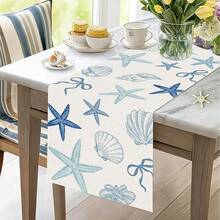 Blue & White Starfish & Shell Pattern Ocean Theme Tablecloth, Party & Holiday Dining Table Decor - Multicolor - View 12