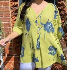 2026 New Printed Cotton-Linen V-Neck Short-Sleeve Pullover Shirt, Summer Outfits For Women - 黃色 - 查看 12