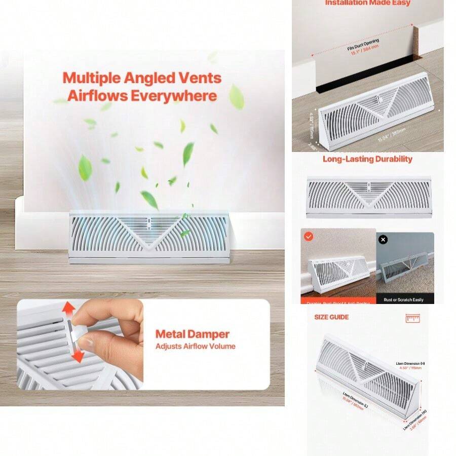 15-Inch Floor Registers, 10-Pack Baseboard Registers, HVAC Heavy-Duty Walkable Iron Floor Vents, Rustproof Anti-Peeling Vents Deflector Adjustable With Metal Damper Home Office, White - 6/White/15 Inch - View 1