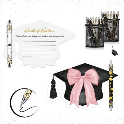 18件套 - 2026届毕业纪念圆珠笔和贺卡，粉色蝴蝶结毕业贺卡，趣味蝴蝶结圆珠笔，毕业派对礼品，学习用品，校园、办公室和家居用品，完美搭配毕业派对装饰，男女毕业生的绝佳毕业礼物之选，大学毕业庆祝活动