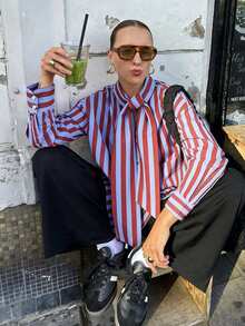 女士竖条纹系领长袖衬衫，宽松版型，纽扣袖口，休闲商务办公学院风上衣，春季款 - 紅色 - 查看 1