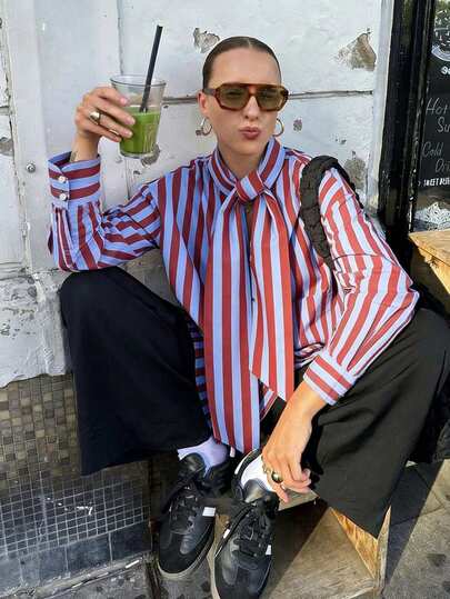 ZAHM Women's Vertical Striped Tie Neck Long Sleeve Shirt, Loose Fit Button Cuff Casual Business Office Preppy Style Blouse Top Spring