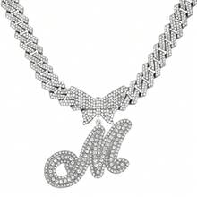 14mm Cuban Link Crystal Butterfly Letter Name Pendant Necklace, Sparkling Paved Rhinestone Cursive Letter Hip Hop Jewelry, New Arrival - Necklace - View 18