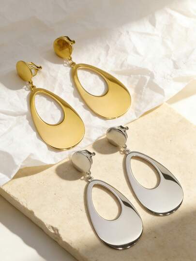 1 Pair 18K Gold Plated Stainless Steel Waterdrop Clip-On Earrings, Waterproof No Piercing Earrings, Jewelry Gift For Party