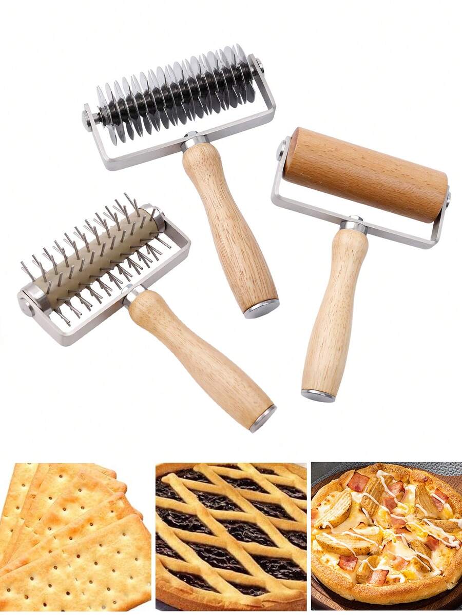 一套披萨面团DIY烘焙工具——包含擀面杖、披萨面团滚轮和披萨面团压模器，采用430不锈钢材质，橡胶木手柄，用途广泛，可用于制作披萨饼皮、馅饼面团、饺子皮等。