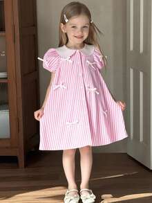 New Girls' Pink And White Striped Peter Pan Collar Puff Sleeve Shirt Dress With Bow Details, Summer Casual Dress - Baby Pink - View 2