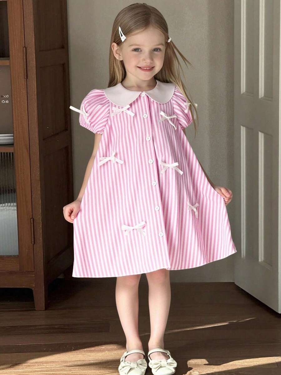 New Girls' Pink And White Striped Peter Pan Collar Puff Sleeve Shirt Dress With Bow Details, Summer Casual Dress