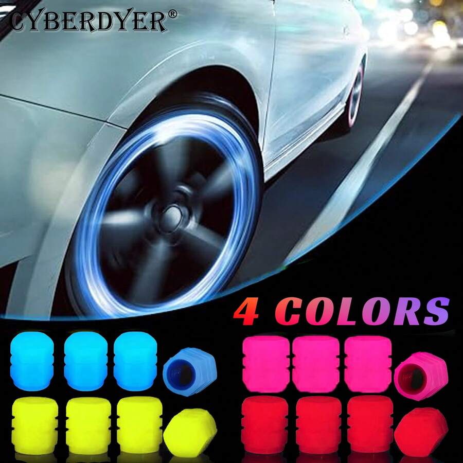CyberDyer 4个装汽车夜光轮胎气门嘴帽，荧光夜光防尘轮胎轮辋气门嘴套，适用于摩托车、自行车 - 4件裝 - 查看 1