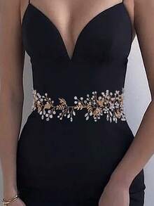 1pc Gold Leaf Handmade Crystal Bridal Sash/Belt, Suitable For Wedding Dress, Evening Gown - Gold - View 2