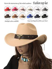 1pc Unisex Polyester Bull Boho Casual Party Felt Hat, Soft Brim Hat, Fedora Hat, Western Cowboy Hat, Fashionable Versatile Commuting, Autumn/Winter - Western Hat - View 16