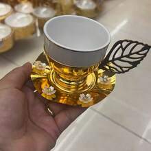 一套陶瓷咖啡杯碟，3D蝴蝶叶形手柄，金色马克杯，北欧简约牛奶杯，下午茶杯，红色茶杯，情人节礼物 - 金色 - 查看 2