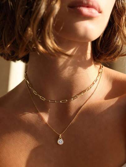 2pcs/Set Fashion Casual Basic Chain & Square Paperclip Layered Design Water Drop Cubic Zirconia Pendant Necklace Set, Suitable For Women's Daily Wear