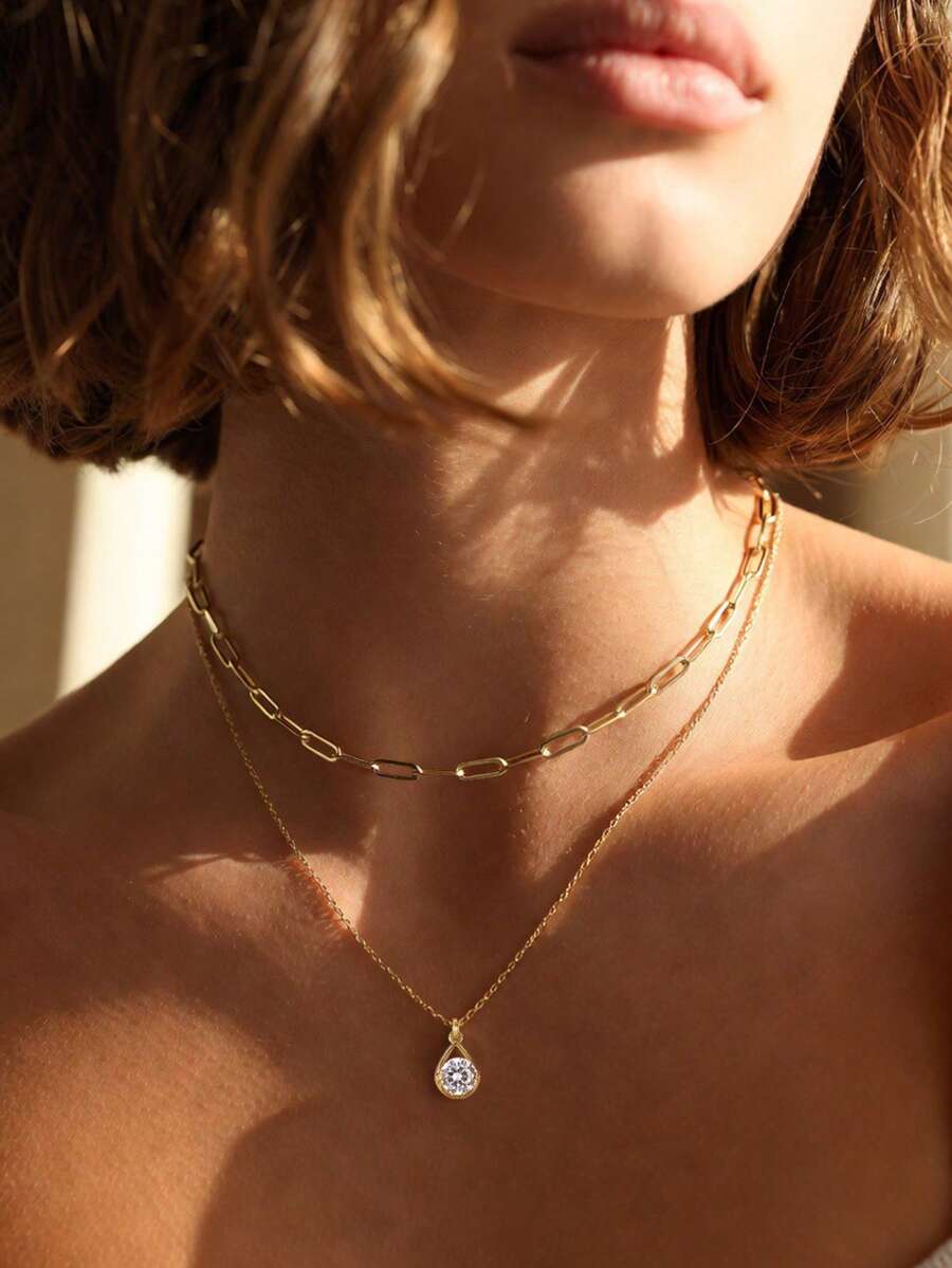 2 Stücke/Set Mode Casual Basic Kette & quadratischer Büroklammer Design Wassertropfen kubischer Zirkonia Anhänger Halskette Set, geeignet für den täglichen Gebrauch von Frauen - Goldgelb - Übersicht 1
