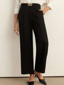 Women's Solid Color Minimalist Daily Wear High Waist Wide Leg Pants, Black Straight Leg Polyester Fabric, Slightly Elastic, Suitable For Autumn/Winter Formal Occasions - Black - View 6